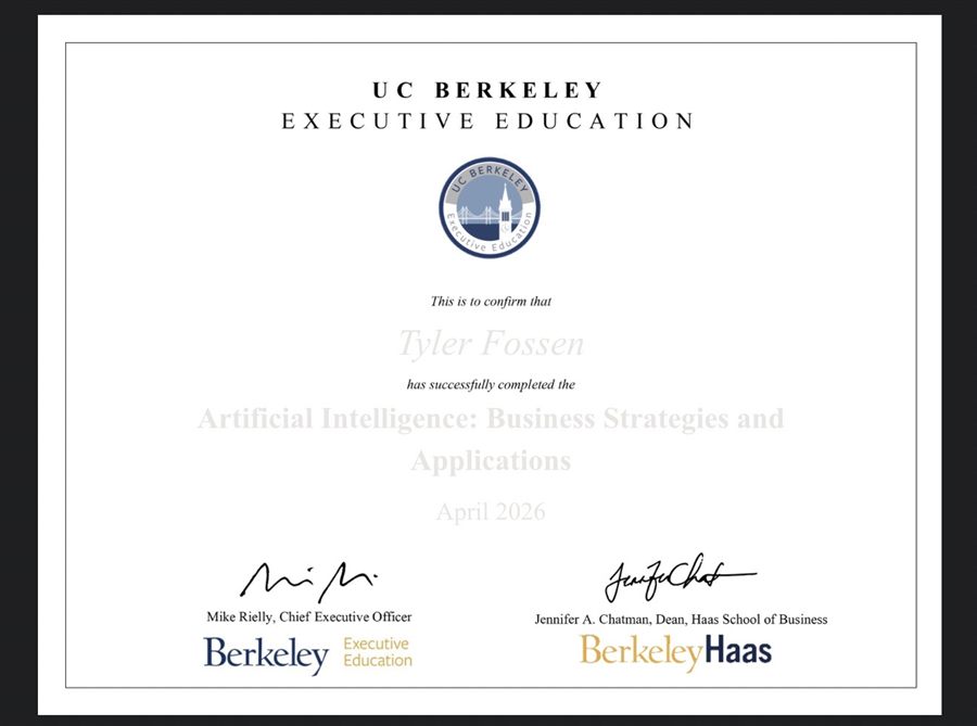 UC Berkeley Executive Education certificate: Artificial Intelligence: Business Strategies and Applications