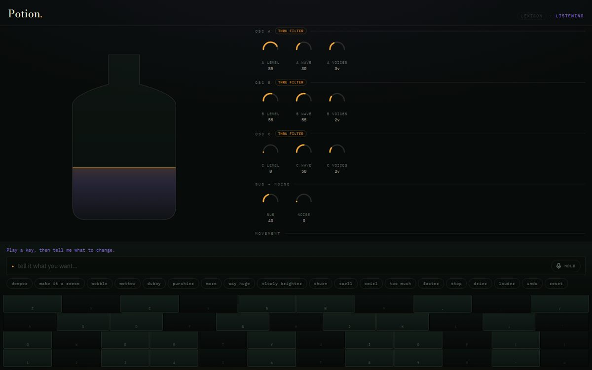 Potion synthesizer interface: a glass vessel, rows of oscillator knobs, a talk bar, and a keyboard